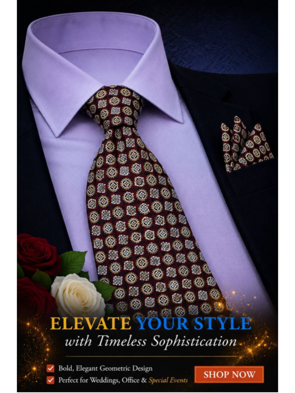 ADOLFO Burgundy Gold Geometric 100% Italian Men’s Silk Tie One Size